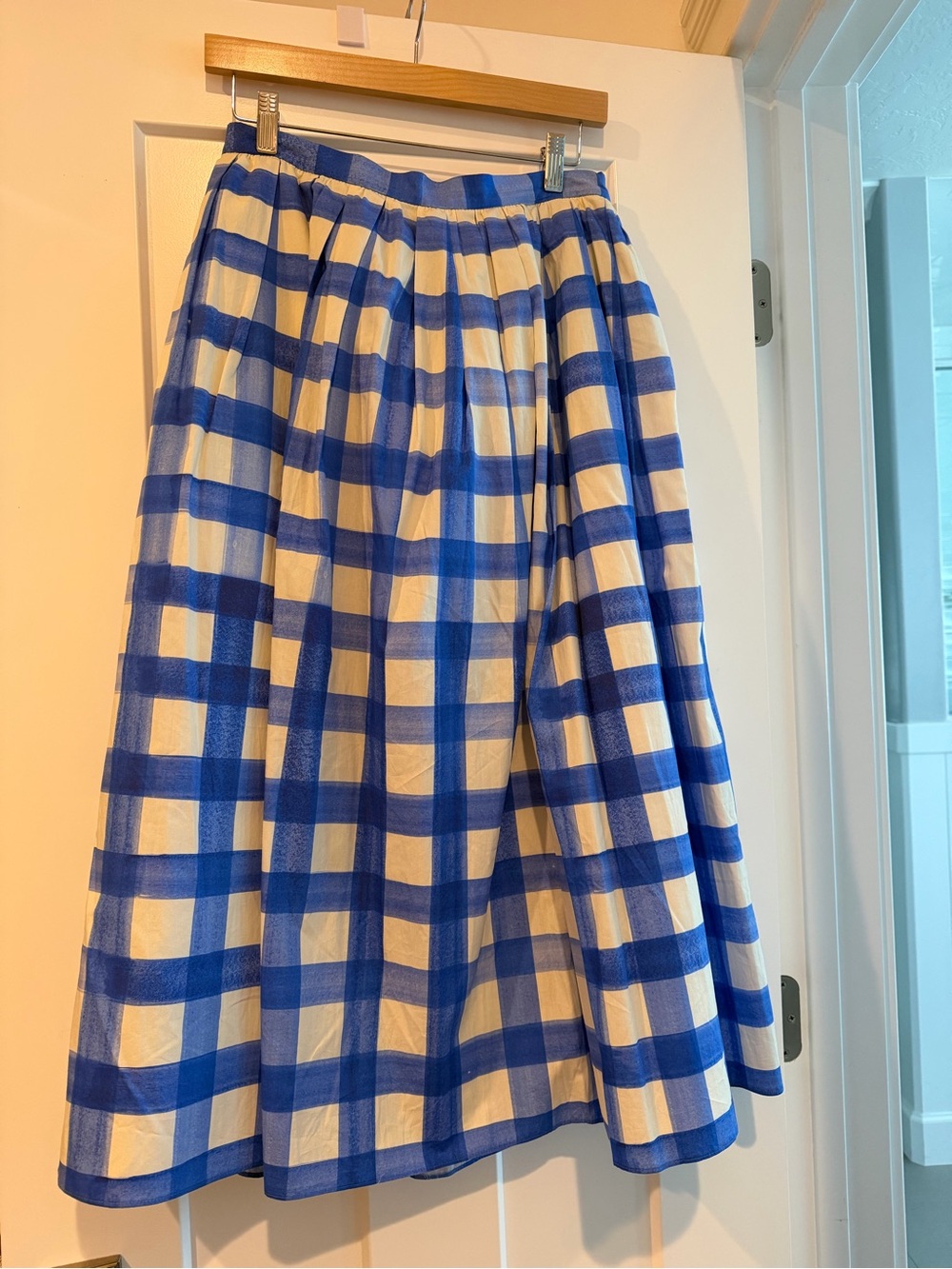 Zara Blue and Cream Gingham Full Midi Skirt